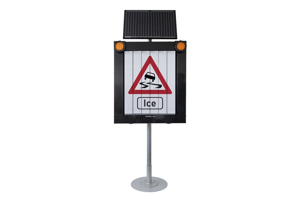 Sign signaling ice on road